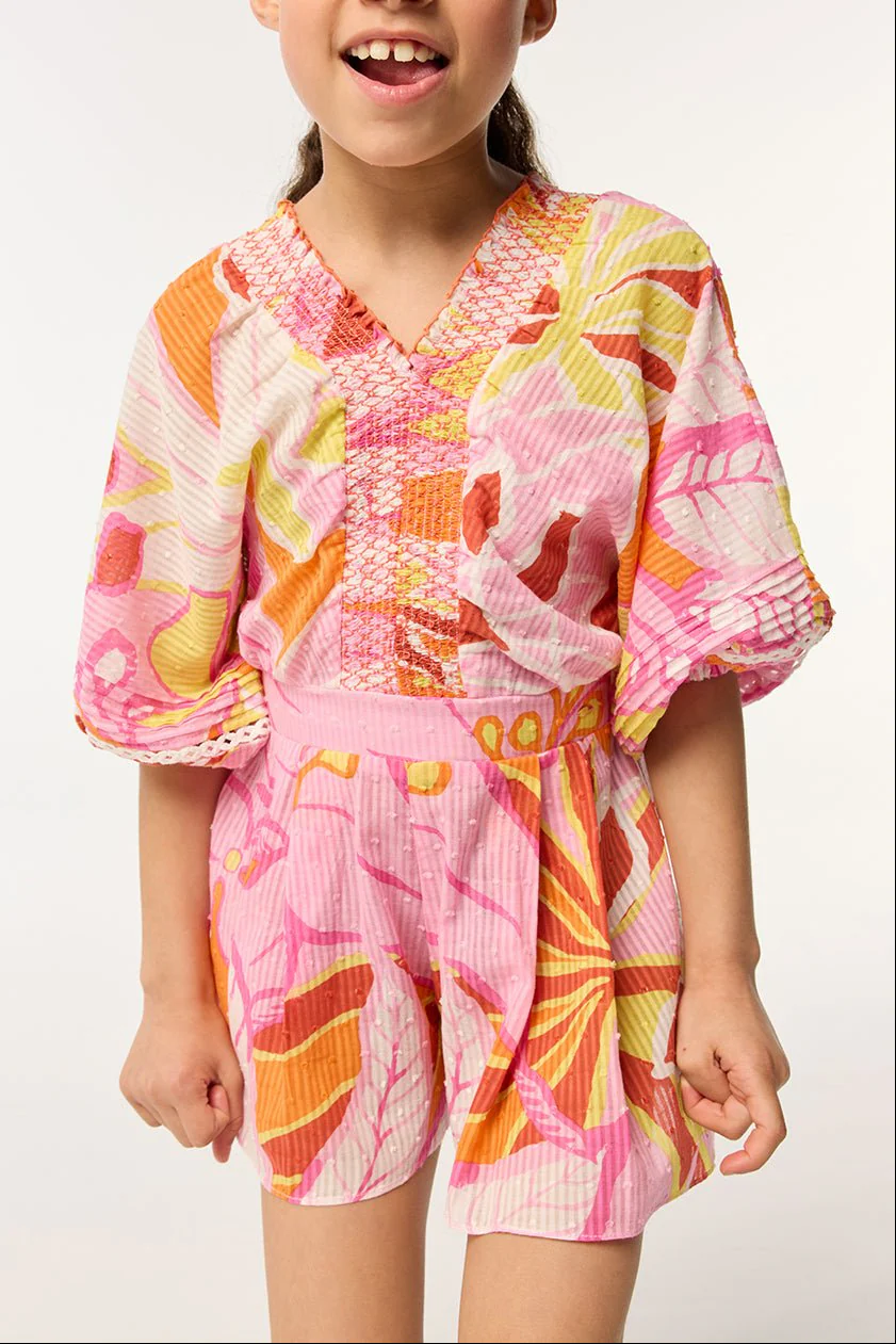 Short Jumpsuit Chantal for girls - Pink Macro Lilium - Image 3