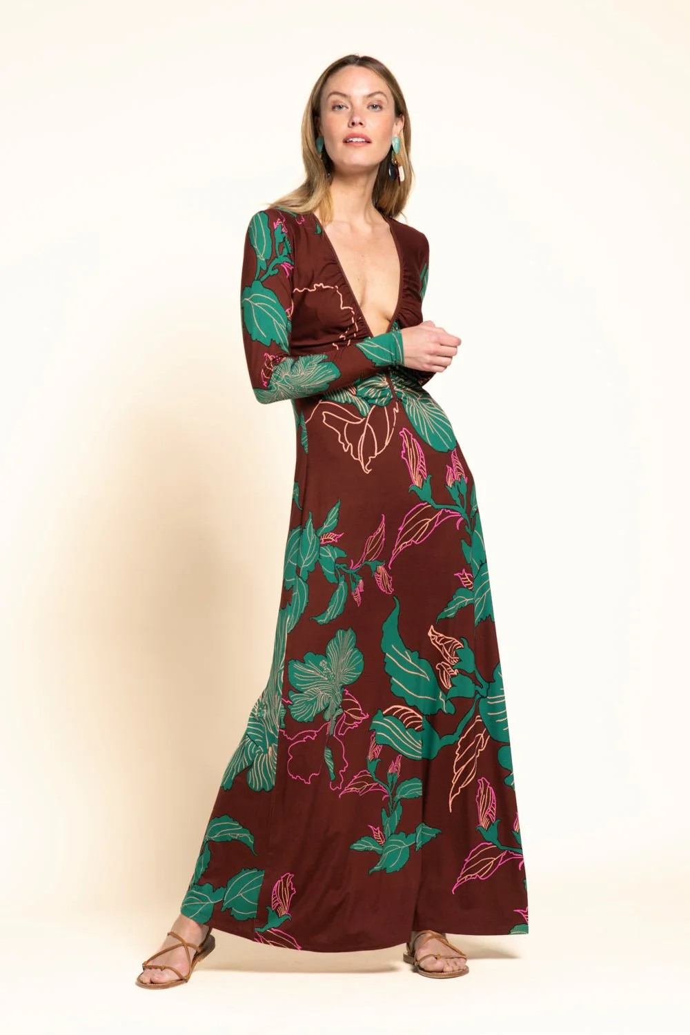 Long Dress Bossa - Brown Hibiscus