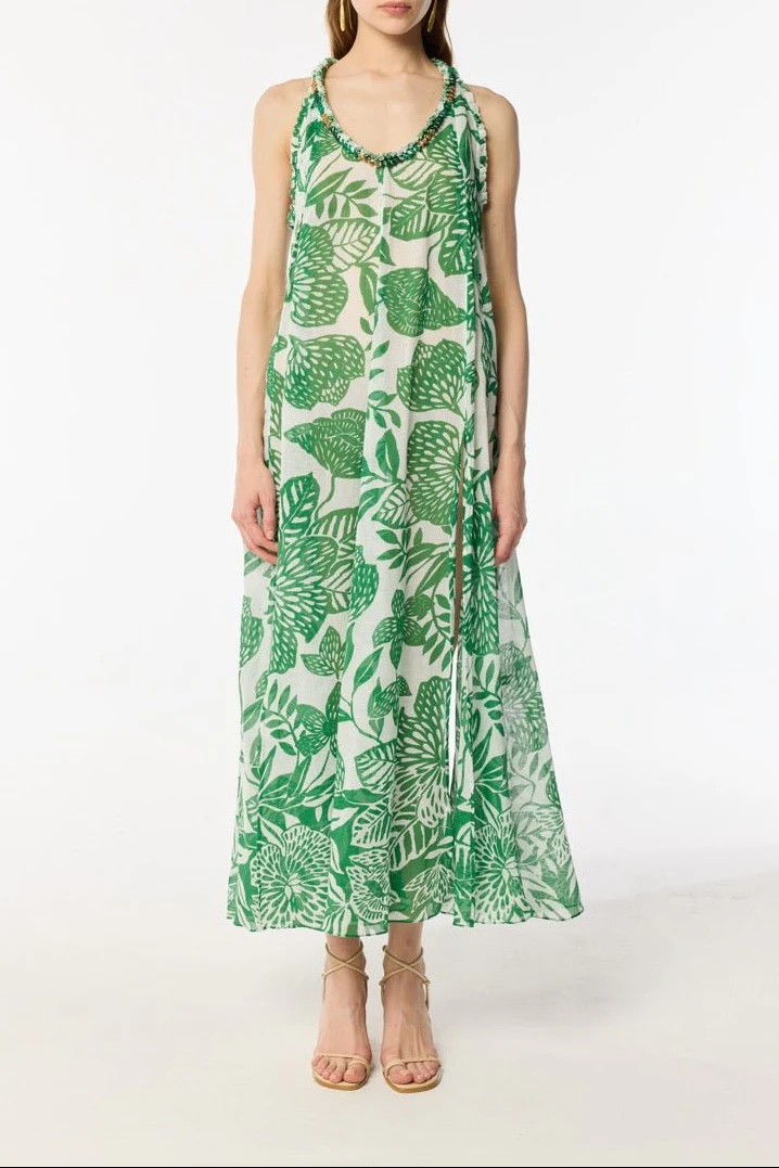 Long Dress Nava - White Green Macro Stelis