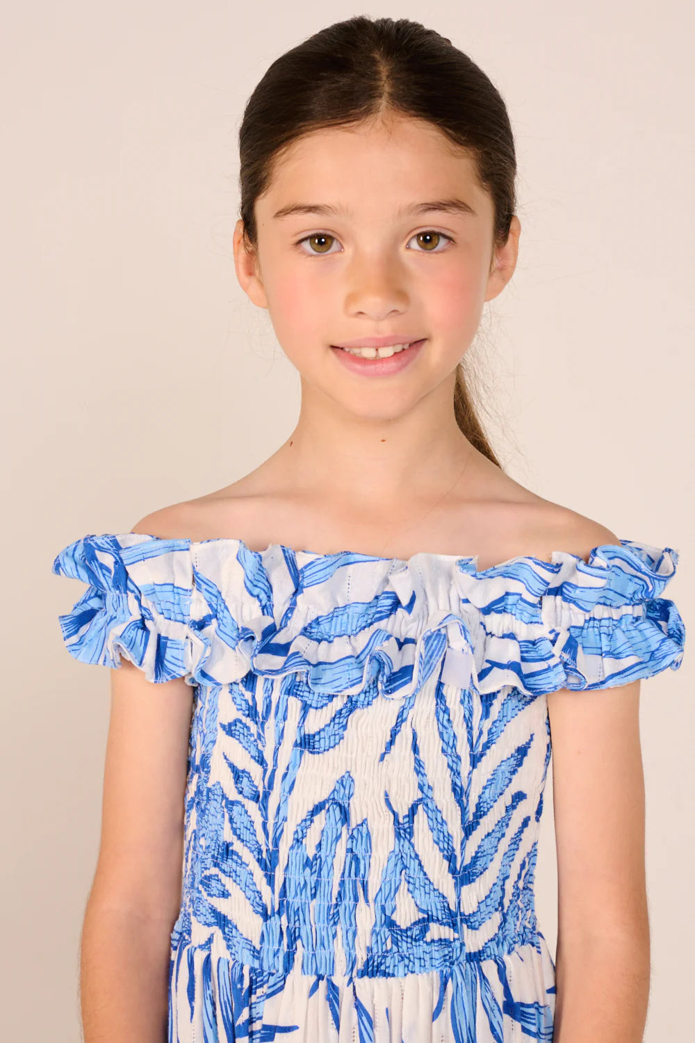 Long Dress Suzanne for girls - Blue Palm Leaf - Image 3