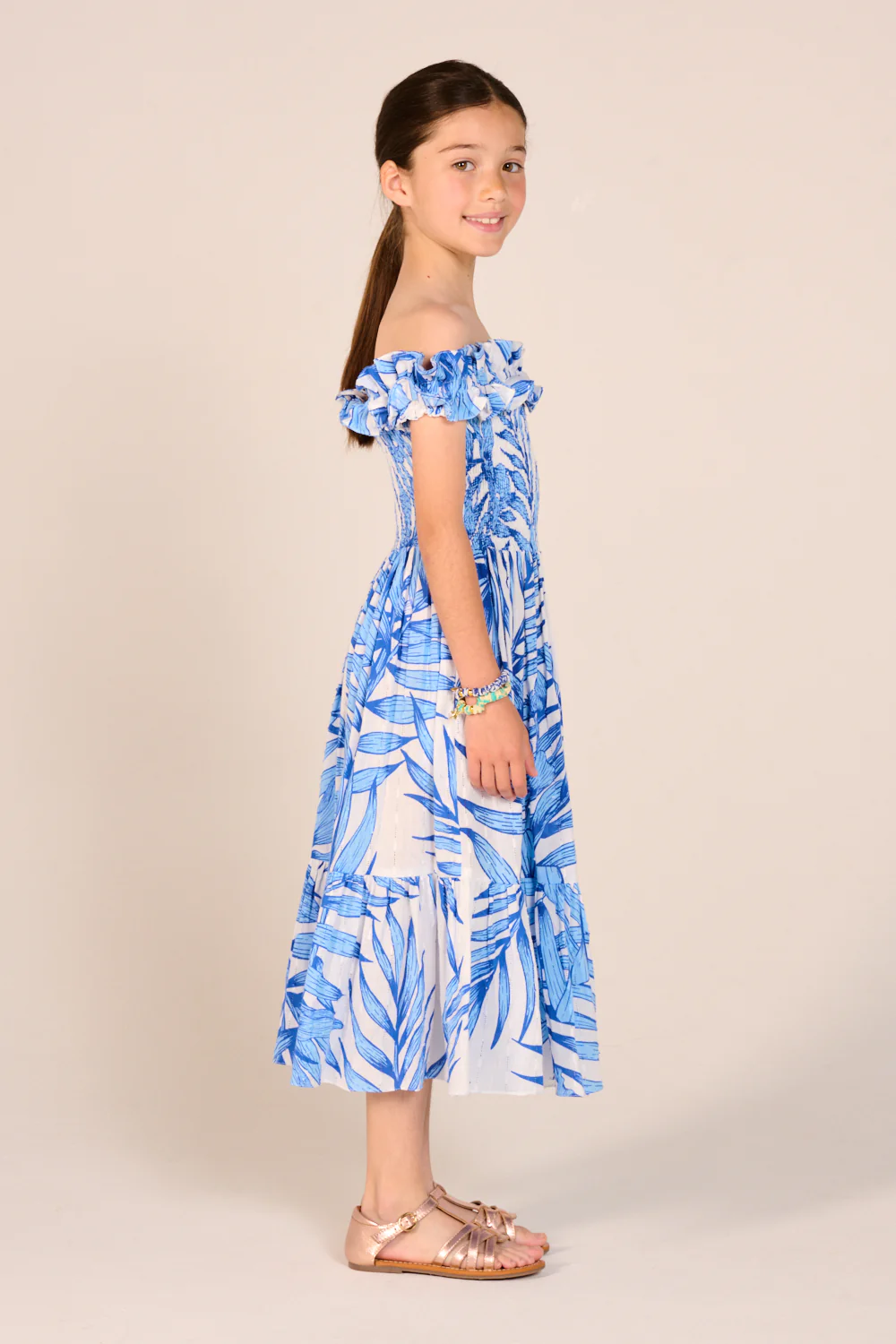Long Dress Suzanne for girls - Blue Palm Leaf - Image 4