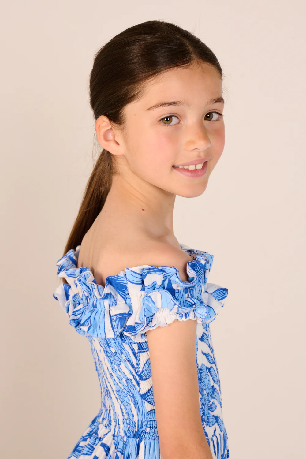 Long Dress Suzanne for girls - Blue Palm Leaf - Image 5