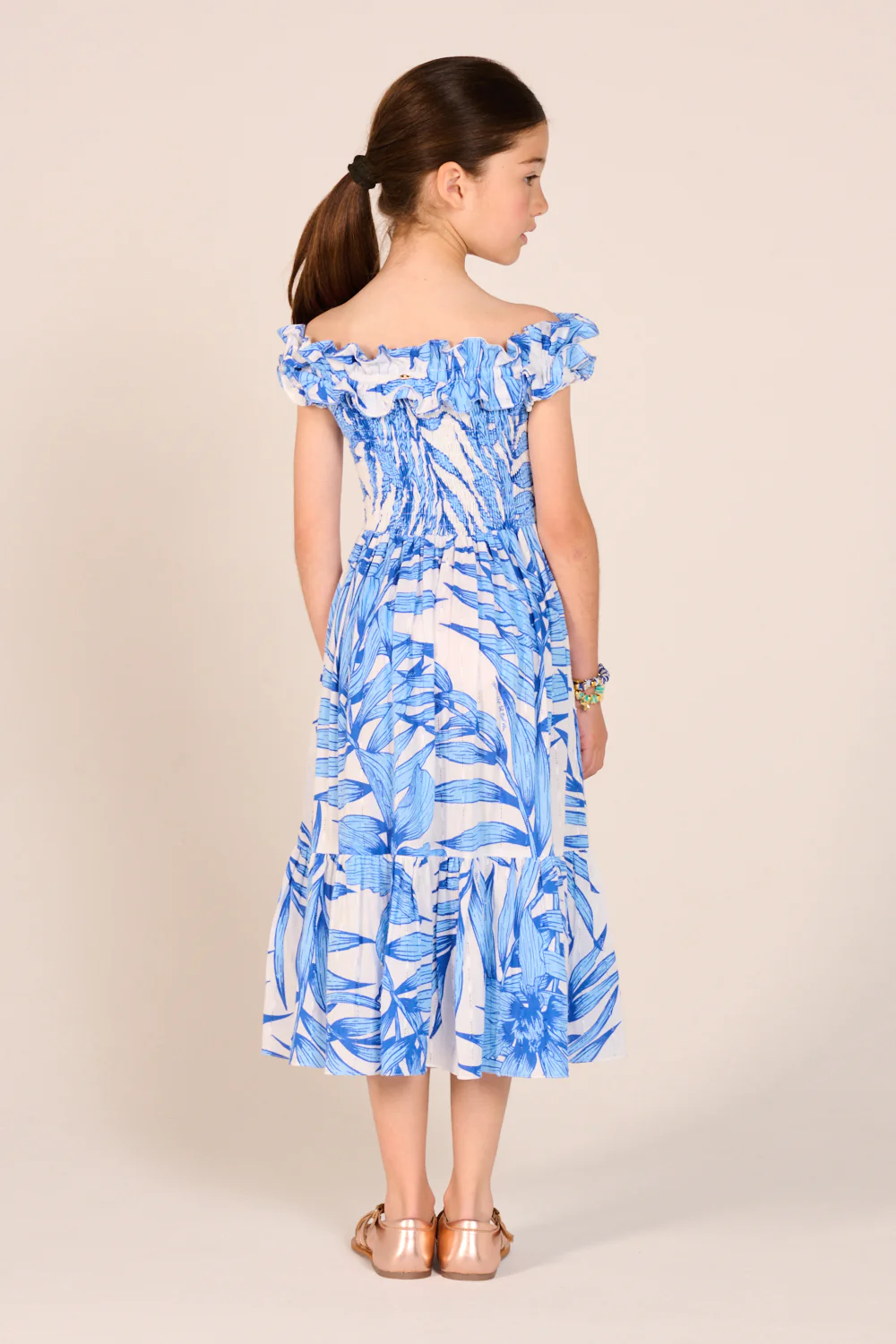 Long Dress Suzanne for girls - Blue Palm Leaf - Image 6