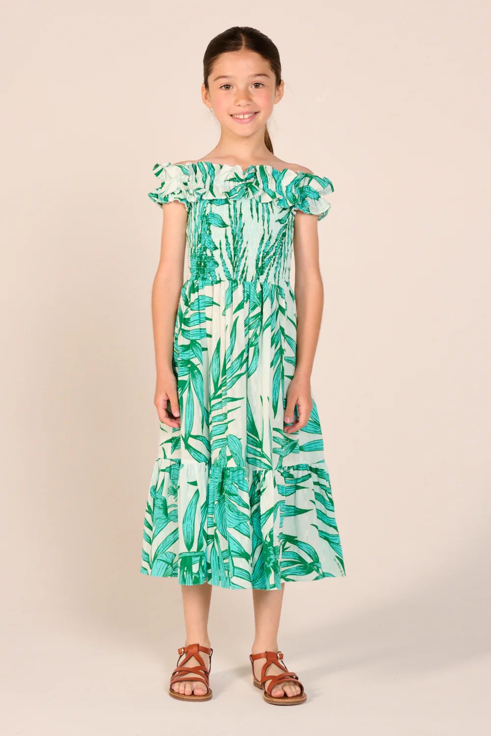 Long Dress Suzanne for girls - Green Palm Leaf