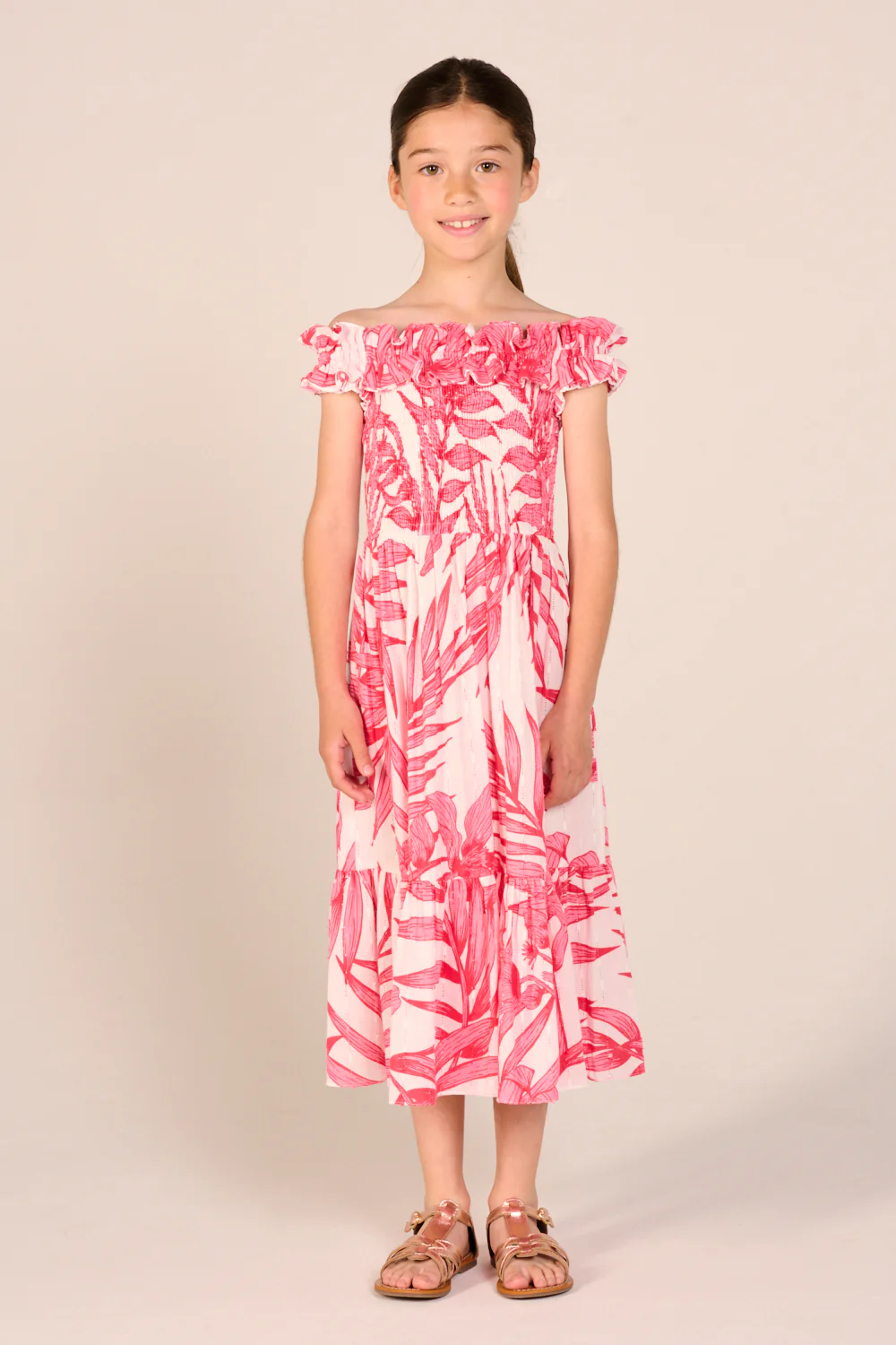 Long Dress Suzanne for girls - Pink Palm Leaf