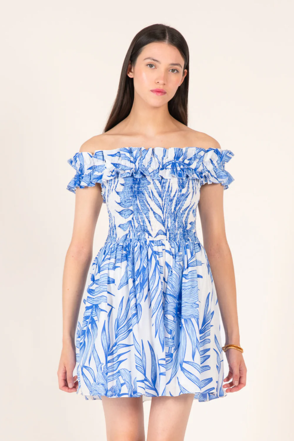 Mini Dress Amber - Blue Palm Leaf
