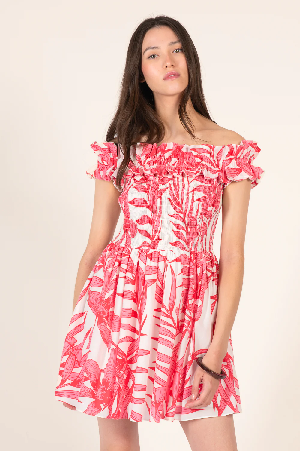 Mini Dress Amber - Pink Palm Leaf