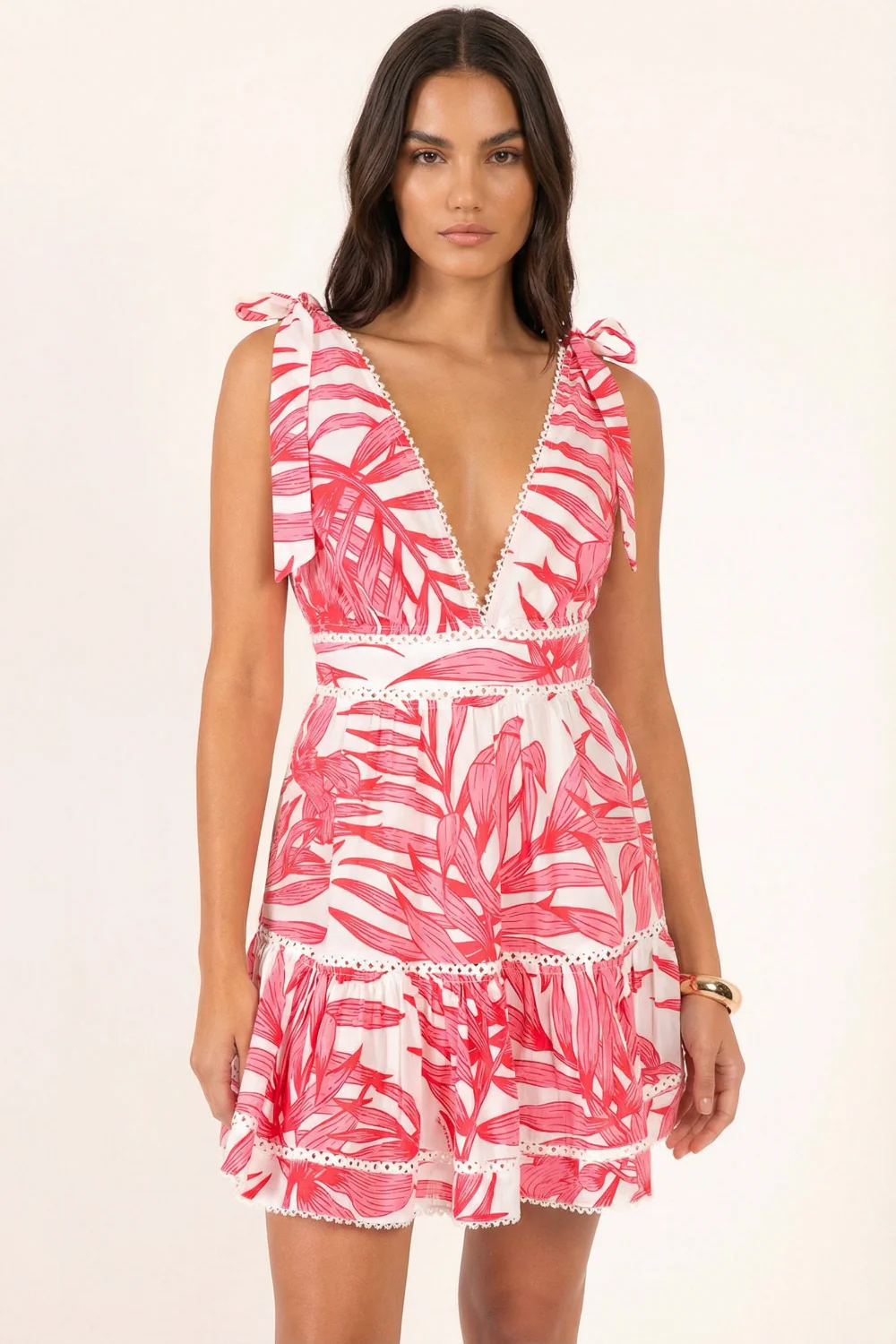 Mini Dress Cara - Pink Palm Leaf