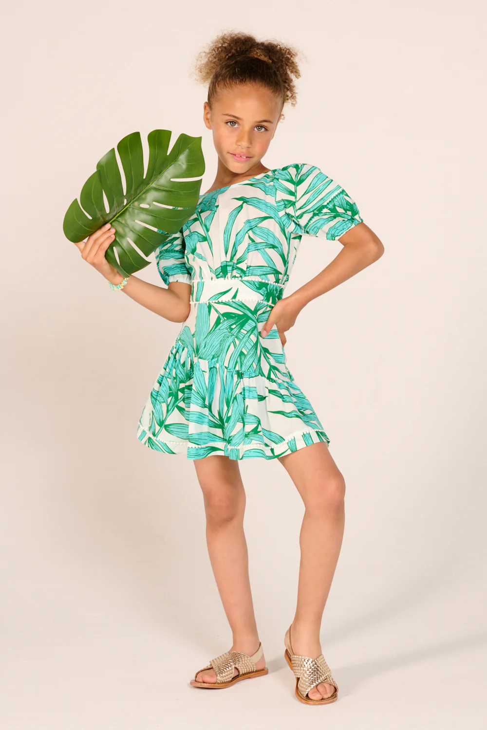 Mini Dress Chantal for girls - Green Palm Leaf