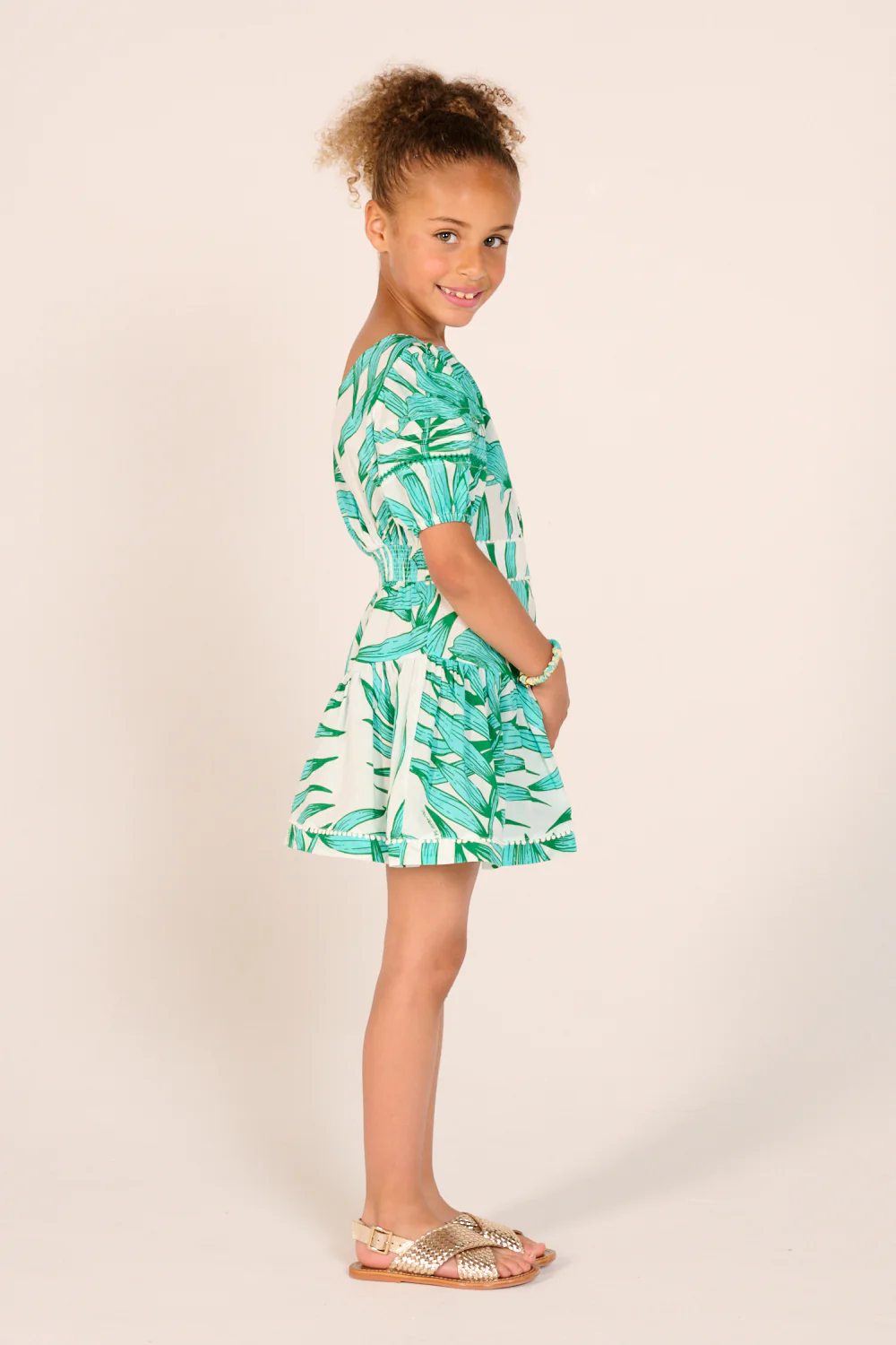 Mini Dress Chantal for girls - Green Palm Leaf - Image 4