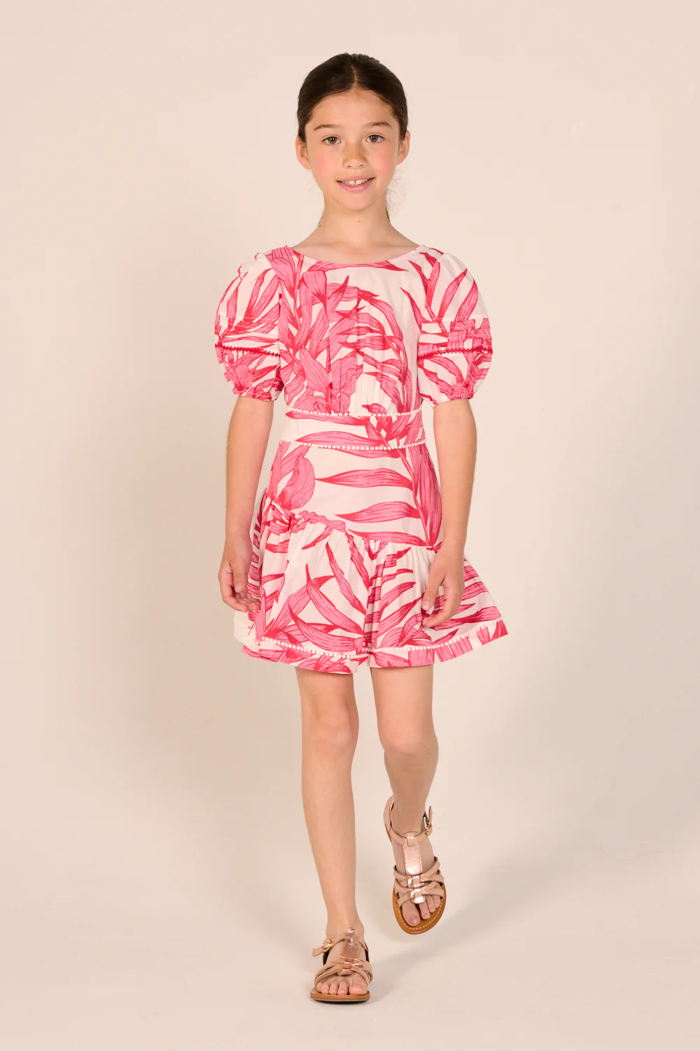 Mini Dress Chantal for girls - Pink Palm Leaf
