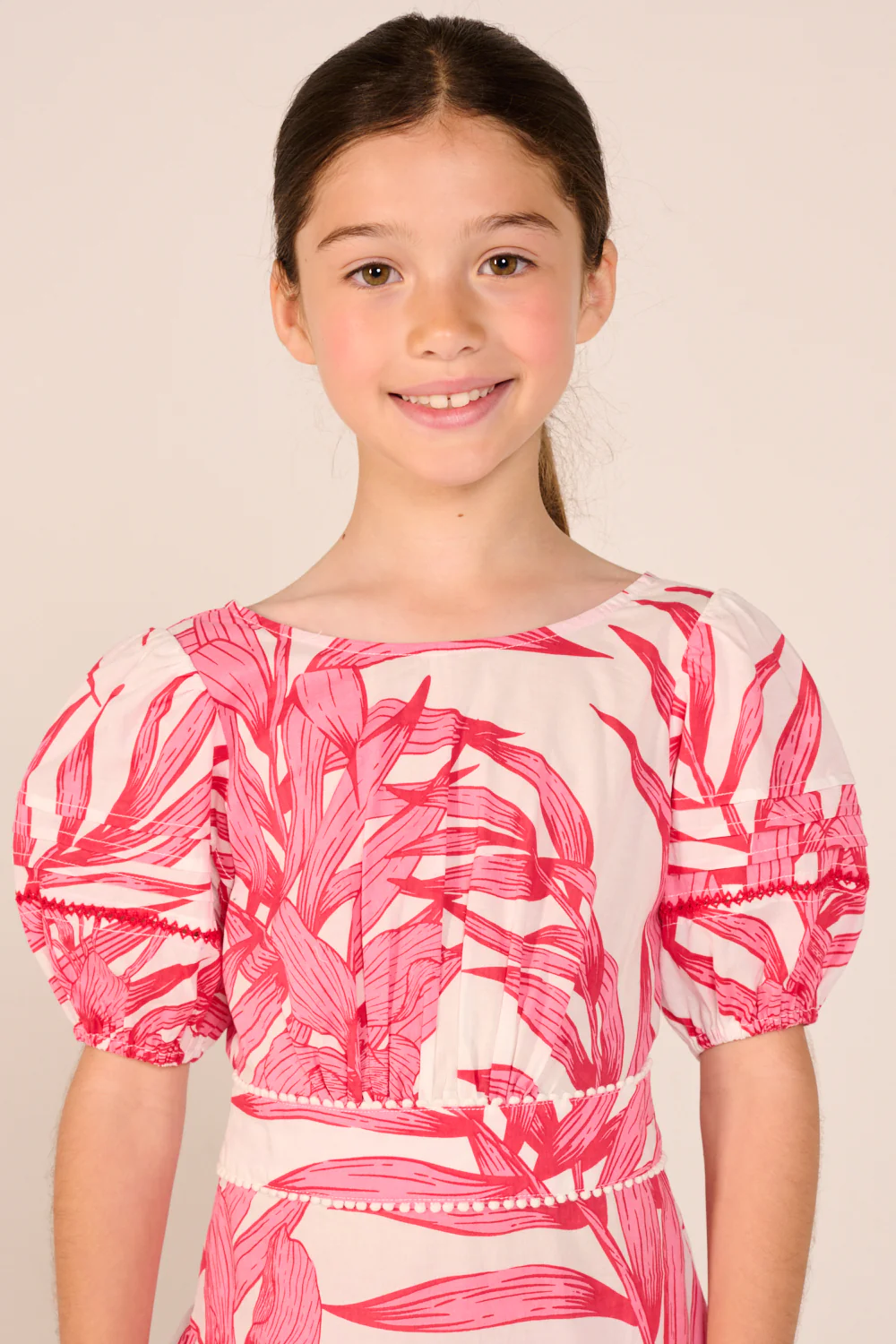 Mini Dress Chantal for girls - Pink Palm Leaf - Image 2
