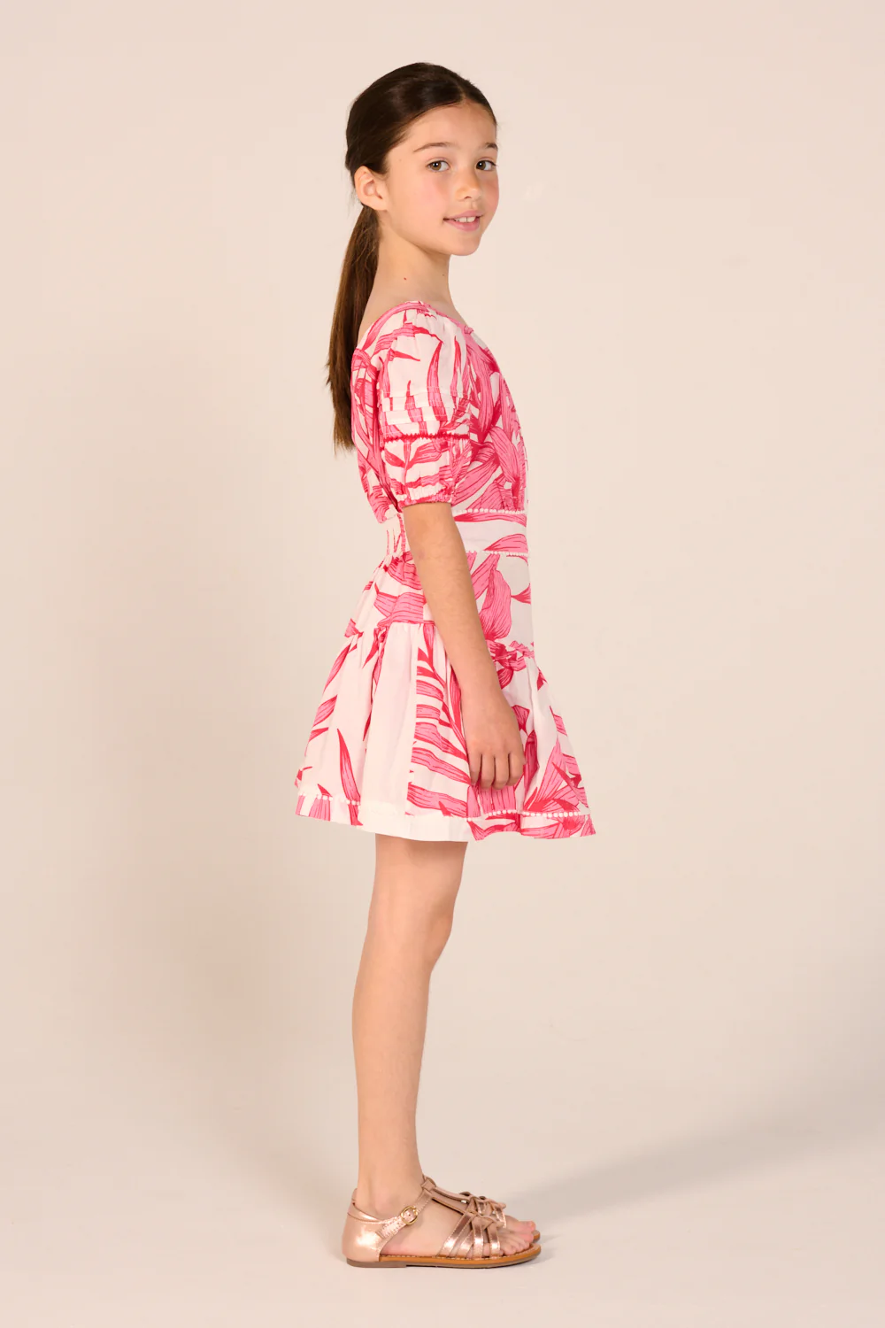 Mini Dress Chantal for girls - Pink Palm Leaf - Image 3