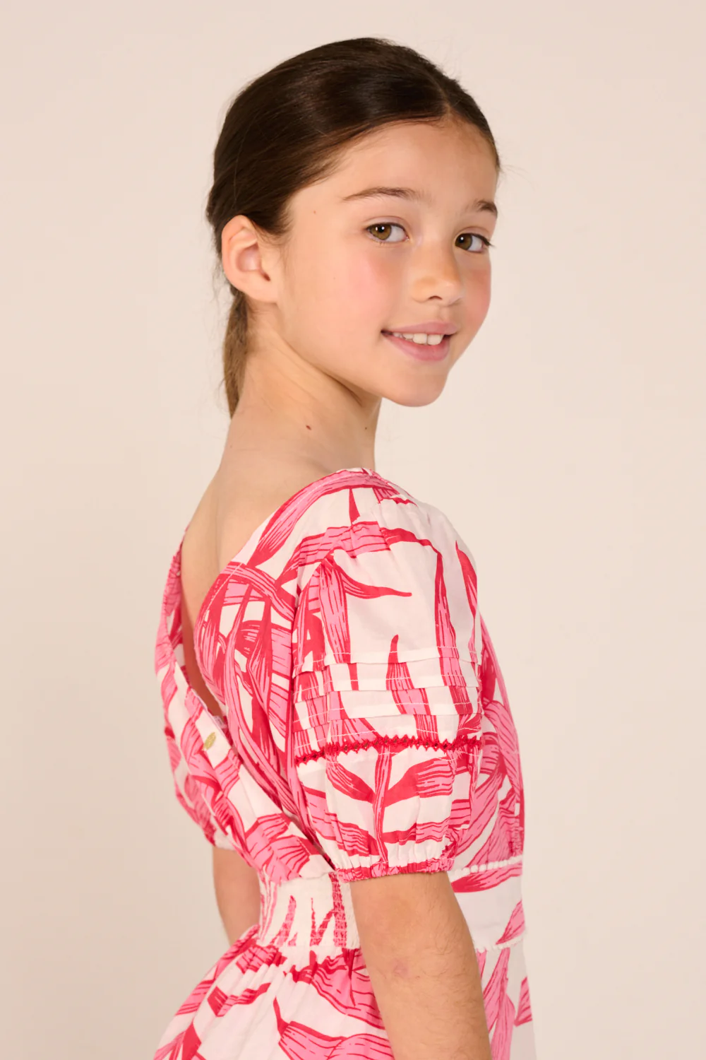 Mini Dress Chantal for girls - Pink Palm Leaf - Image 4