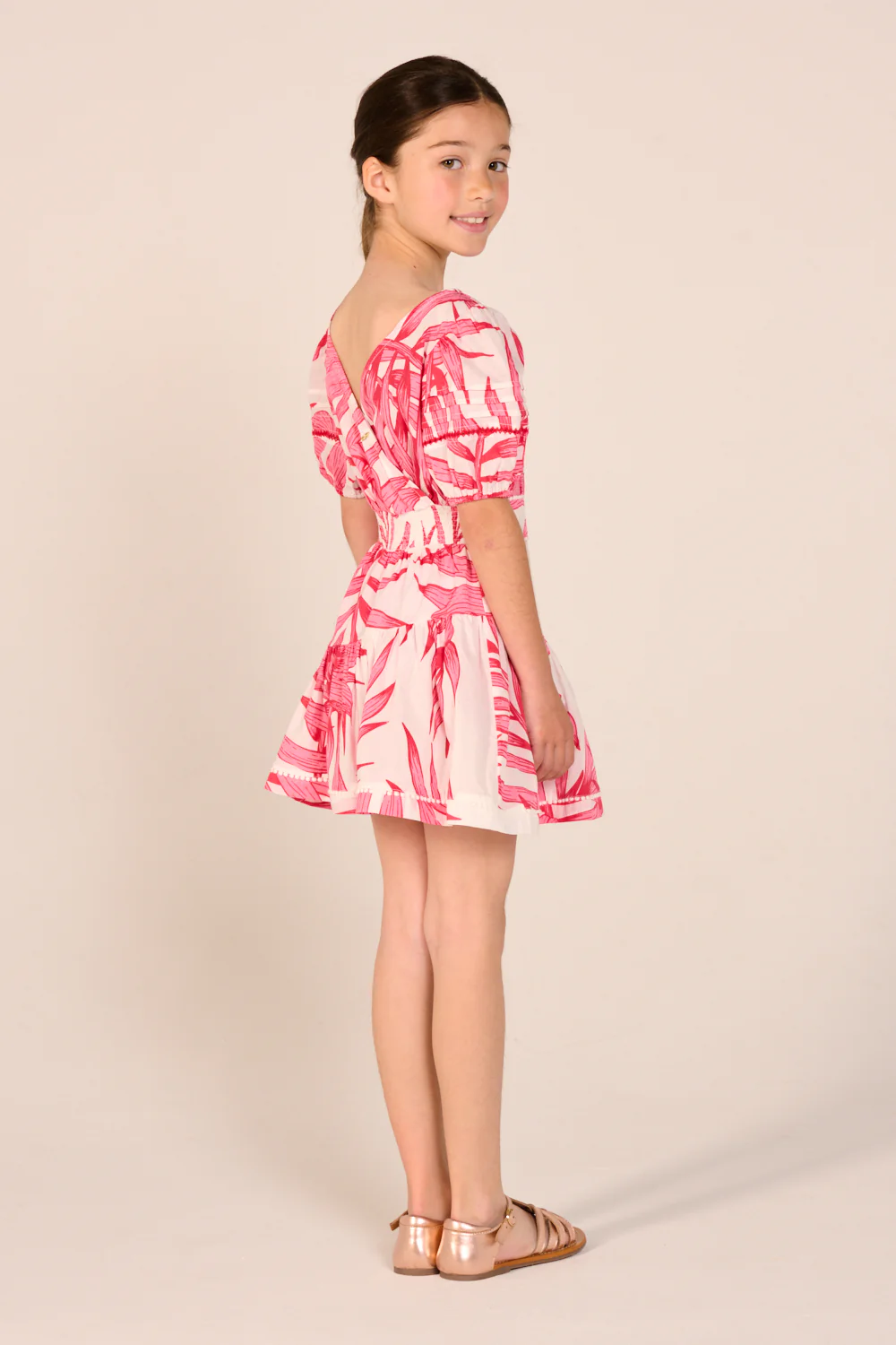 Mini Dress Chantal for girls - Pink Palm Leaf - Image 5