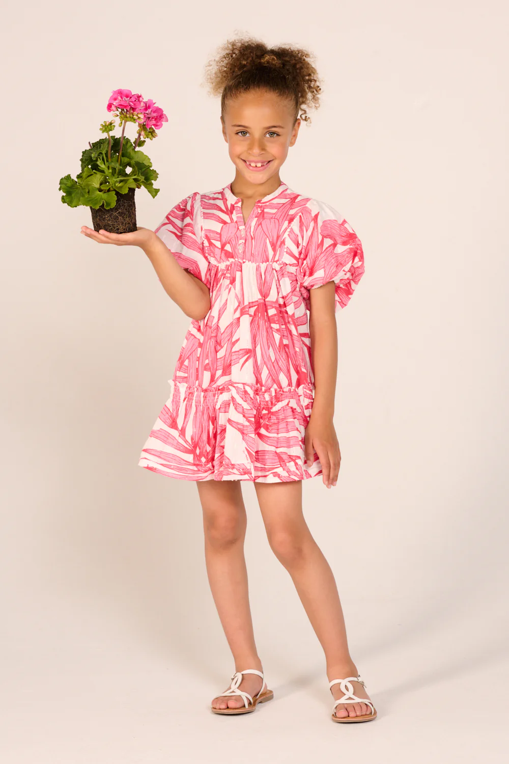 Mini Dress Cruz for girls - Pink Palm Leaf