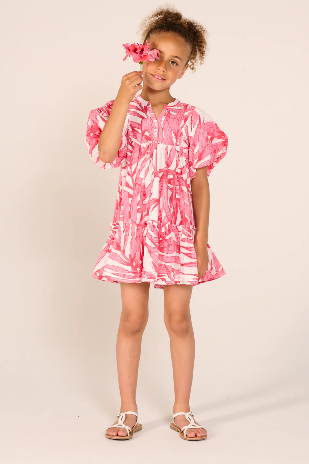 Mini Dress Cruz for girls - Pink Palm Leaf - Image 3