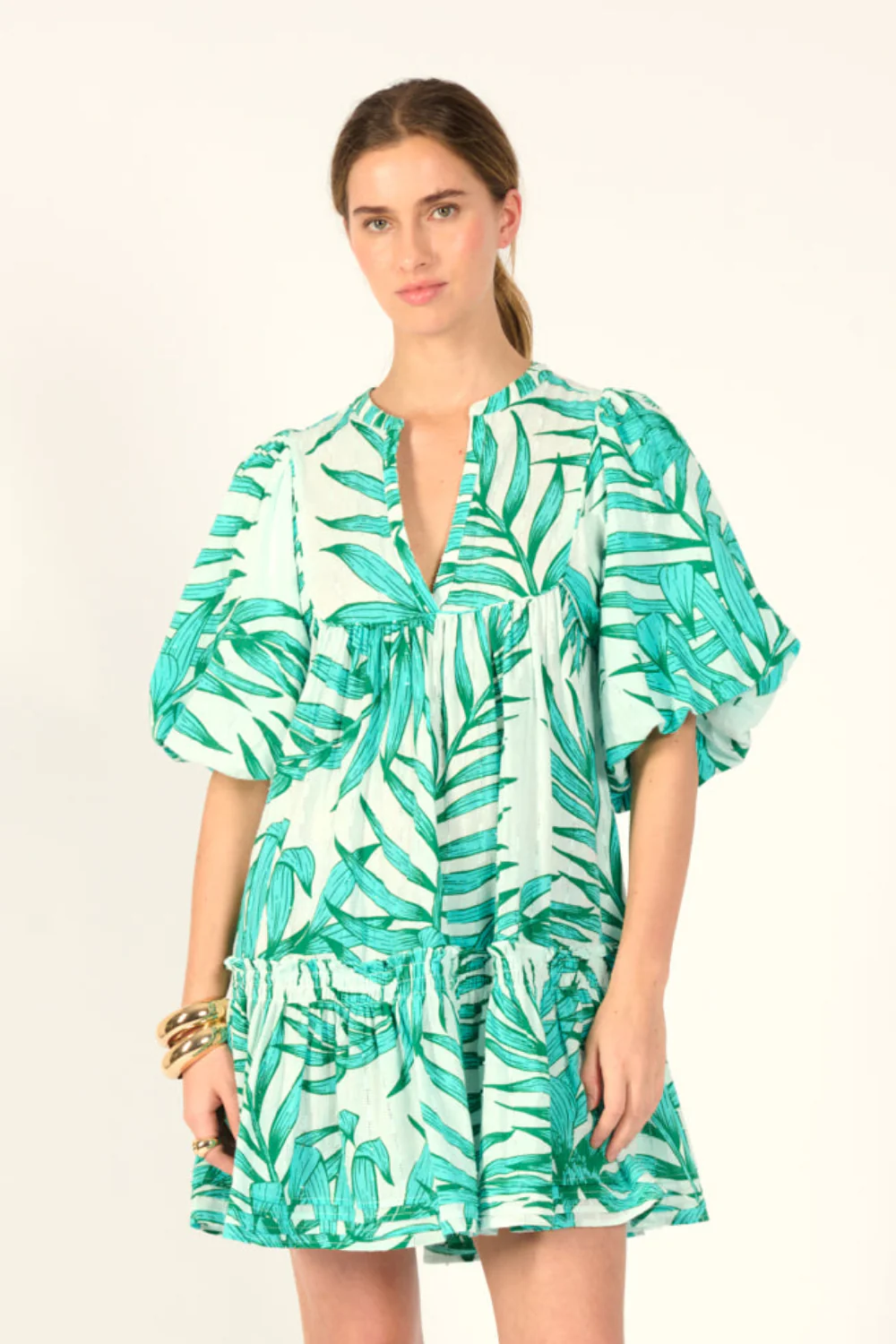 Mini Dress Cruz - Green Palm Leaf