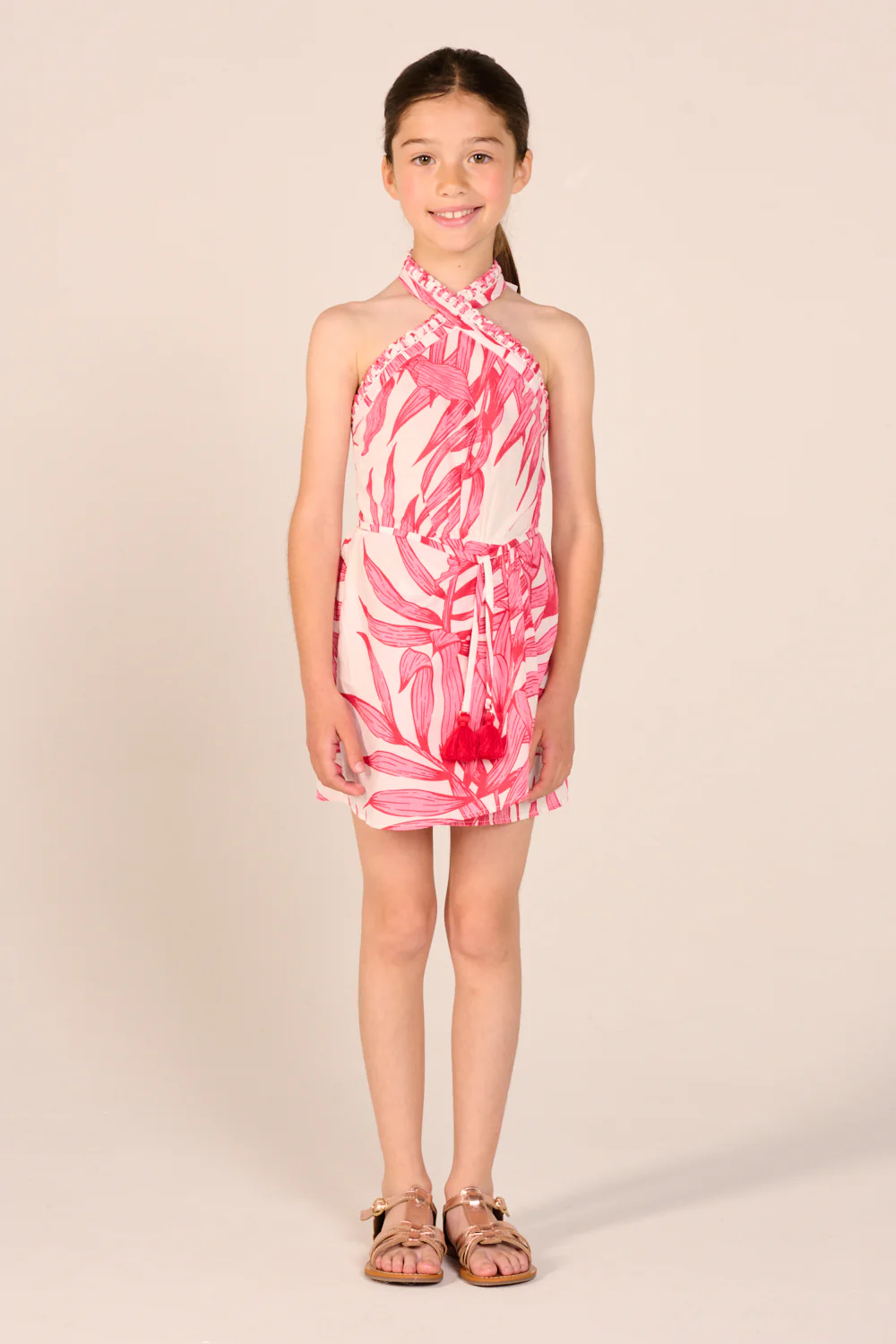 Mini Dress Manon for girls - Pink Palm Leaf